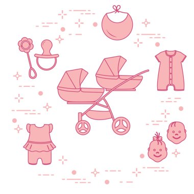 Goods for babies. Stroller for twins, faces boy, girl, rattle, pacifier, bib, overalls. clipart