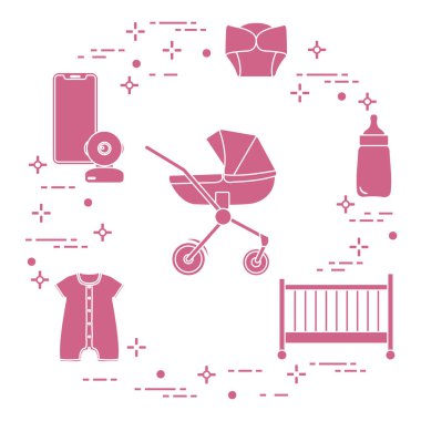 Bebekler için ürünler. Puset, beşik, Bebek telsizi, şişe, su geçirmez Külot, Tulum.