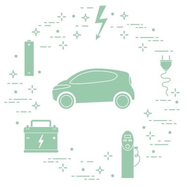 Elektrikli otomobil, pil, şarj istasyonu, elektrik güvenliği işareti, kablo, elektrik prizinden. Yeni ulaşım Çevre teknolojileri. 