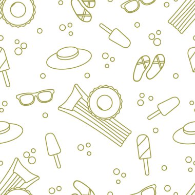 Şişme yatak, şişme daire, dondurma, şapka, Gözlük, plaj terlikleri ile Seamless modeli. Yaz dinlenme kavramı.