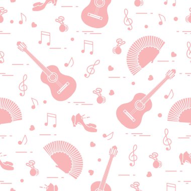 Fan, Ayakkabı, kastanyet, notlar, gitar ile Seamless modeli. Seyahat ve eğlence. İspanya'nın geleneksel semboller.