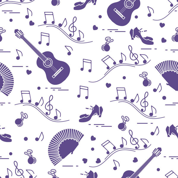 Seamless pattern with fan, shoes, castanets, notes, guitars. Travel and leisure. Traditional symbols of Spain.