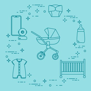 Bebekler için ürünler. Puset, beşik, Bebek telsizi, şişe, su geçirmez Külot, Tulum.