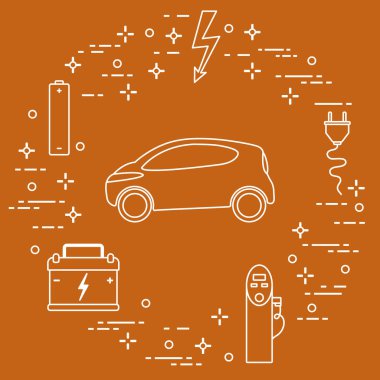 Elektrikli otomobil, pil, şarj istasyonu, elektrik güvenliği işareti, kablo, elektrik prizinden. Yeni ulaşım Çevre teknolojileri. 