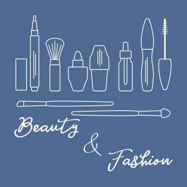 Makyaj. Dekoratif kozmetik Kozmetik yağı. Glamour moda moda stil. Göz kalemi, fırçalar, ruj, Kozmetik yağı, aplikatör, maskara.