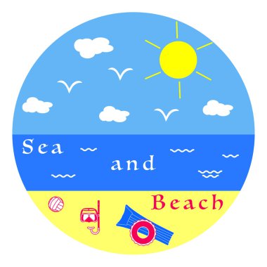 Güneş, bulutlar, kuşlar, deniz, dalgalar, plaj, şişme yatak, şişme daire, şnorkel, voleybol maskeyle. Yaz eğlence.