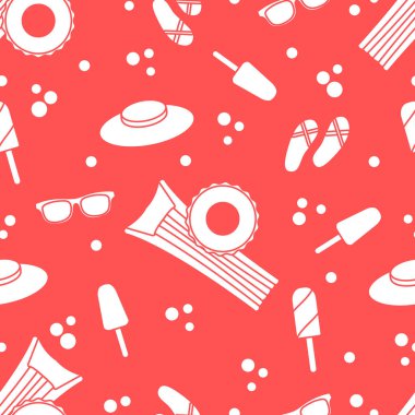 Şişme yatak, şişme daire, dondurma, şapka, Gözlük, plaj terlikleri ile Seamless modeli. Yaz dinlenme kavramı.