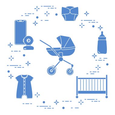 Bebekler için ürünler. Puset, beşik, Bebek telsizi, şişe, su geçirmez Külot, Tulum.