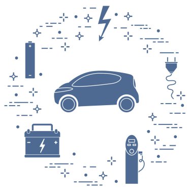 Elektrikli otomobil, pil, şarj istasyonu, elektrik güvenliği işareti, kablo, elektrik prizinden. Yeni ulaşım Çevre teknolojileri. 