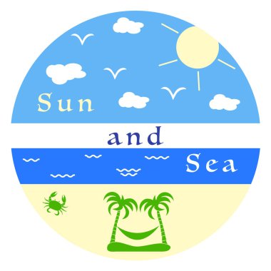 Güneş, bulutlar, kuşlar, deniz, dalgalar, plaj, yengeç, avuç içi, hamak. Tasarım, yazdırma için şablon.