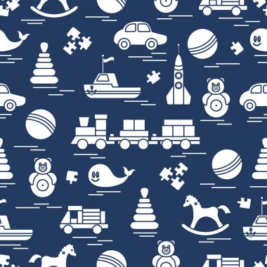 Çocuk oyuncakları ile Seamless modeli. Tren, otomobil, toplar, sallanan at, Roly, balina, bulmacalar, Piramit, tekne.