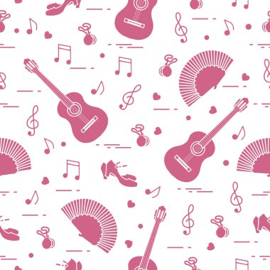Fan, Ayakkabı, kastanyet, notlar, gitar ile Seamless modeli. Seyahat ve eğlence. İspanya'nın geleneksel semboller.