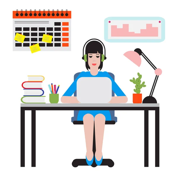 Mujer Sentada Mesa Trabajando Portátil Espacio Trabajo — Vector de stock