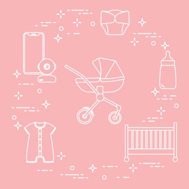 Bebekler için ürünler. Puset, beşik, Bebek telsizi, şişe, su geçirmez Külot, Tulum.