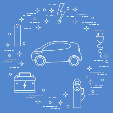 Elektrikli otomobil, pil, şarj istasyonu, elektrik güvenliği işareti, kablo, elektrik prizinden. Yeni ulaşım Çevre teknolojileri. 