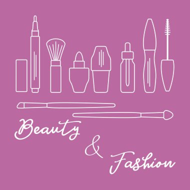 Makyaj. Dekoratif kozmetik Kozmetik yağı. Glamour moda moda stil. Göz kalemi, fırçalar, ruj, Kozmetik yağı, aplikatör, maskara.