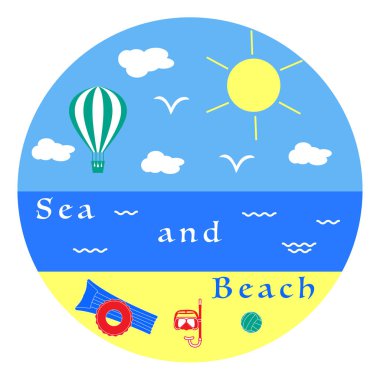 Güneş, bulutlar, kuşlar, hava balon, deniz, dalgalar, plaj, şişme yatak, şişme daire, şnorkel, voleybol maskeyle. Yaz eğlence.