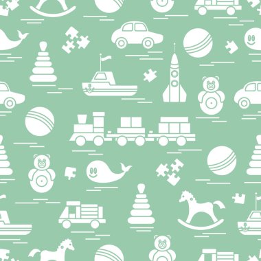 Çocuk oyuncakları ile Seamless modeli. Tren, otomobil, toplar, sallanan at, Roly, balina, bulmacalar, Piramit, tekne.