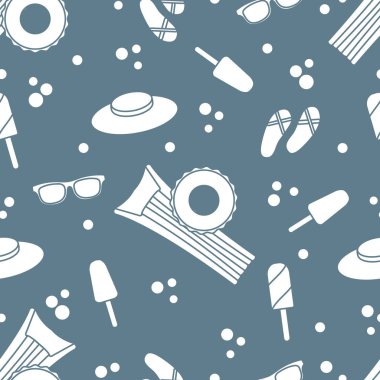 Şişme yatak, şişme daire, dondurma, şapka, Gözlük, plaj terlikleri ile Seamless modeli. Yaz dinlenme kavramı.