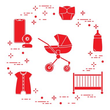 Bebekler için ürünler. Puset, beşik, Bebek telsizi, şişe, su geçirmez Külot, Tulum.