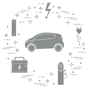 Elektrikli otomobil, pil, şarj istasyonu, elektrik güvenliği işareti, kablo, elektrik prizinden. Yeni ulaşım Çevre teknolojileri. 