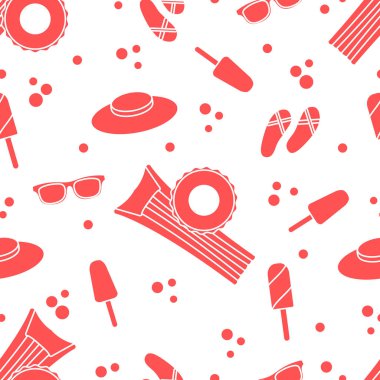 Şişme yatak, şişme daire, dondurma, şapka, Gözlük, plaj terlikleri ile Seamless modeli. Yaz dinlenme kavramı.