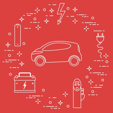 Elektrikli otomobil, pil, şarj istasyonu, elektrik güvenliği işareti, kablo, elektrik prizinden. Yeni ulaşım Çevre teknolojileri. 