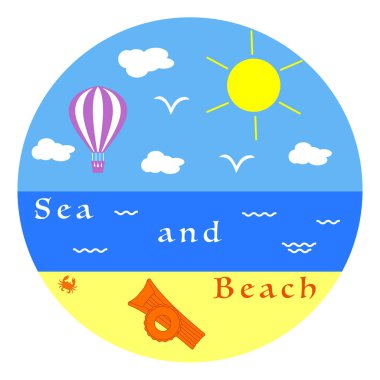Güneş, bulutlar, kuşlar, hava balon, deniz, dalgalar, plaj, yengeç, şişme yatak, şişme daire. Yaz eğlence.