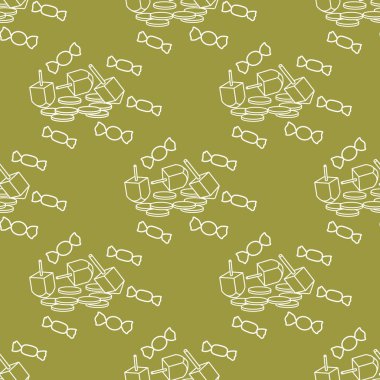 Topaç, sevivon, paralar, tatlılar ile Seamless modeli. Yahudi Bayramı Hanuka. Çocuk oyunu.