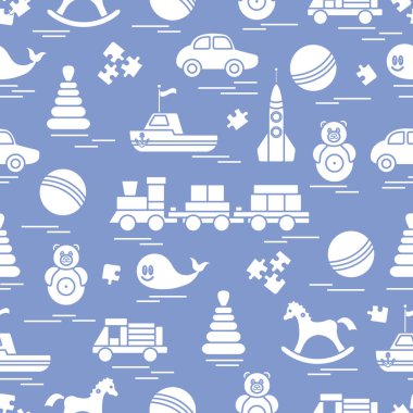 Çocuk oyuncakları ile Seamless modeli. Tren, otomobil, toplar, sallanan at, Roly, balina, bulmacalar, Piramit, tekne.