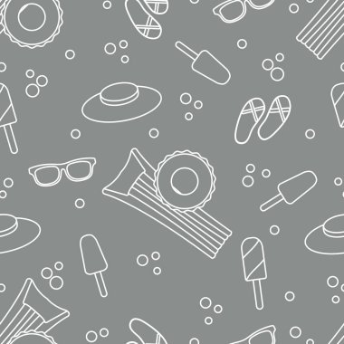 Şişme yatak, şişme daire, dondurma, şapka, Gözlük, plaj terlikleri ile Seamless modeli. Yaz dinlenme kavramı.