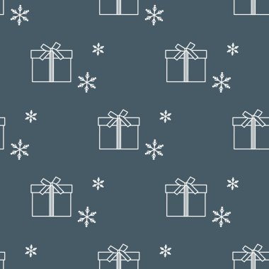 Hediye kutuları ile Seamless modeli şeritler ve kar taneleri ile bağlı. Tasarım kartpostal, davet, afiş için.
