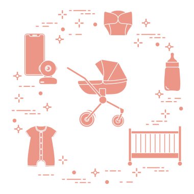 Bebekler için ürünler. Puset, beşik, Bebek telsizi, şişe, su geçirmez Külot, Tulum.