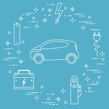 Elektrikli otomobil, pil, şarj istasyonu, elektrik güvenliği işareti, kablo, elektrik prizinden. Yeni ulaşım Çevre teknolojileri. 