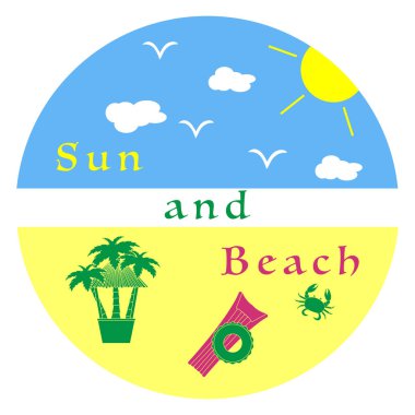 Güneş, bulutlar, kuşlar, plaj, yengeç, palmiye ağaçları, bar, şişme yatak, şişme daire. Yaz eğlence. Tasarım, yazdırma için şablon.