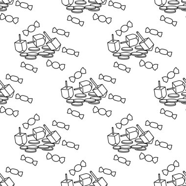 Topaç, sevivon, paralar, tatlılar ile Seamless modeli. Yahudi Bayramı Hanuka. Çocuk oyunu.