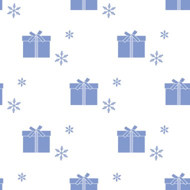 Hediye kutuları ile Seamless modeli şeritler ve kar taneleri ile bağlı. Tasarım kartpostal, davet, afiş için.