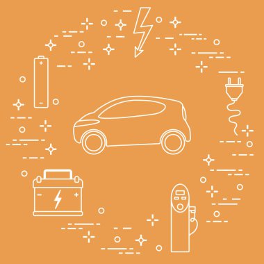 Elektrikli otomobil, pil, şarj istasyonu, elektrik güvenliği işareti, kablo, elektrik prizinden. Yeni ulaşım Çevre teknolojileri. 