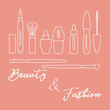 Makyaj. Dekoratif kozmetik Kozmetik yağı. Glamour moda moda stil. Göz kalemi, fırçalar, ruj, Kozmetik yağı, aplikatör, maskara.