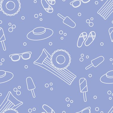 Şişme yatak, şişme daire, dondurma, şapka, Gözlük, plaj terlikleri ile Seamless modeli. Yaz dinlenme kavramı.