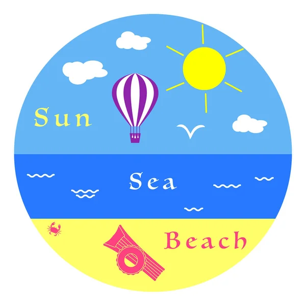 Sun, clouds, bird, air balloon, sea, waves, beach, crab, inflatable mattress, inflatable circle. Summer leisure.