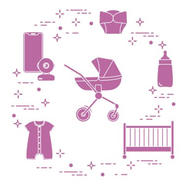 Bebekler için ürünler. Puset, beşik, Bebek telsizi, şişe, su geçirmez Külot, Tulum.