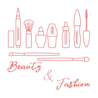 Makyaj. Dekoratif kozmetik Kozmetik yağı. Glamour moda moda stil. Göz kalemi, fırçalar, ruj, Kozmetik yağı, aplikatör, maskara.