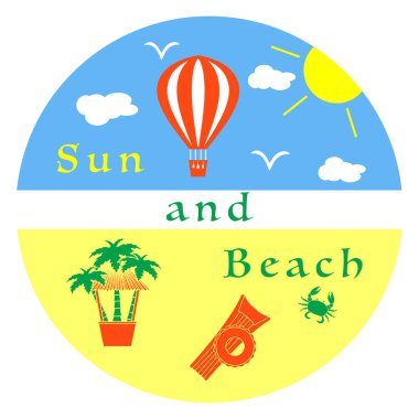 Güneş, bulutlar, kuşlar, hava balonu, plaj, yengeç, palmiye ağaçları, bar, şişme yatak, şişme daire. Yaz eğlence. Tasarım, yazdırma için şablon.