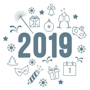 Yeni yıl sembolleri. Hediyeler, havai fişek, havai fişek, boncuk, şampanya, çan, yılbaşı ağacı, maske, takvim, yıldız, kar taneleri ile gözlük.