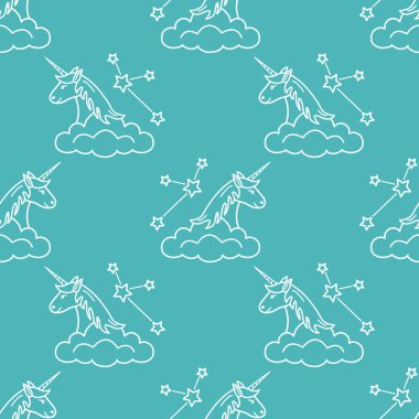 Sihirli unicorn ve takımyıldızları, bulutlar ile Seamless modeli. Tasarım çocuk grafik, t-shirt, kapak, hediye kartı için.