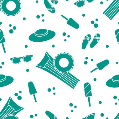 Şişme yatak, şişme daire, dondurma, şapka, Gözlük, plaj terlikleri ile Seamless modeli. Yaz dinlenme kavramı.