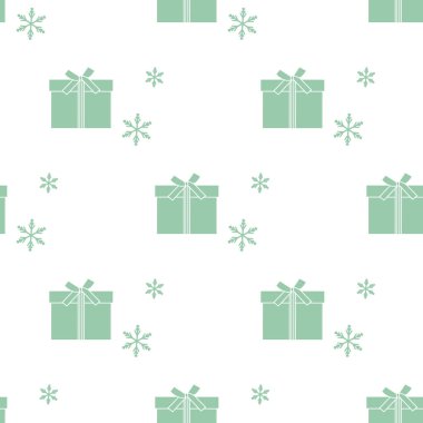Hediye kutuları ile Seamless modeli şeritler ve kar taneleri ile bağlı. Tasarım kartpostal, davet, afiş için.