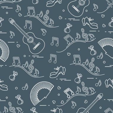 Fan, Ayakkabı, kastanyet, notlar, gitar ile Seamless modeli. Seyahat ve eğlence. İspanya'nın geleneksel semboller.