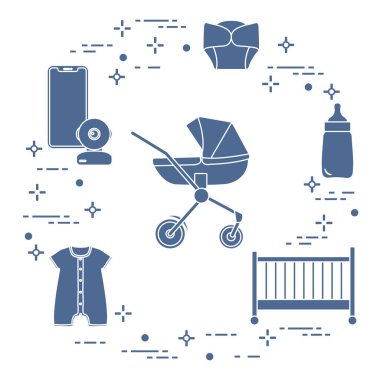 Bebekler için ürünler. Puset, beşik, Bebek telsizi, şişe, su geçirmez Külot, Tulum.